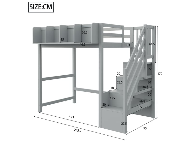  Lit mezzanine enfant simple 90×200 cm avec led et rangement ouvert - okmyhome- échelle, sans matelas, bois gris  - Conforama D
