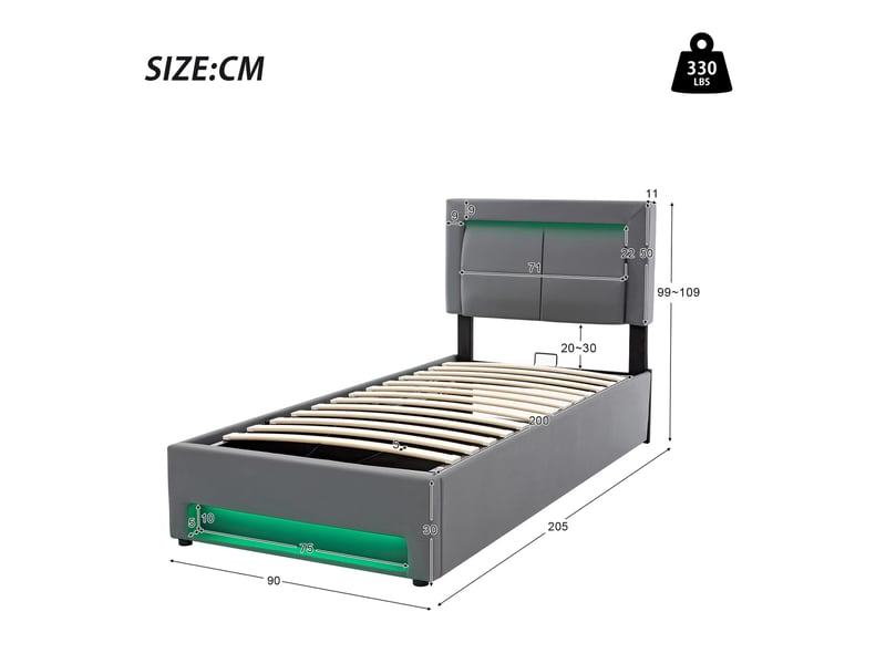  Lit rembourré 90 x 200 cm avec rangement sous le lit, éclairage led, ports usb et recharge sans fil, revêtement pu gris Fay Lum - Conforama C