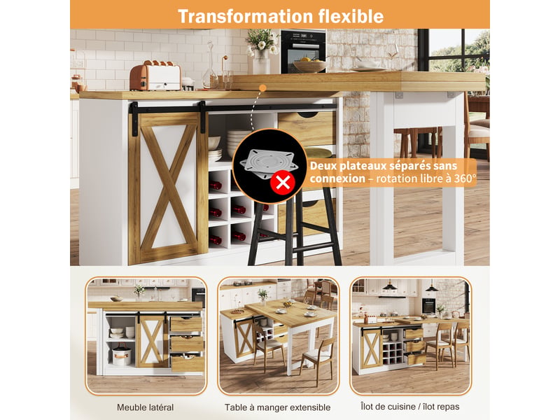 Meuble de cuisine muvano, îlot de cuisine avec table extensible, blanc et effet chêne, 120 à 197 cm - Conforama R