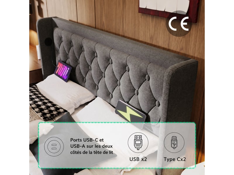  Lit coffre hydraulique 180 x 200 cm gris en coton, led 3 côtés, usb type-c  - Conforama E