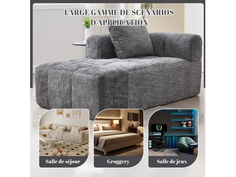  Chaise longue fixe 1 place en tissu gris 158 cm avec coussin et poches latérales, idéale pour votre salon  - Conforama D