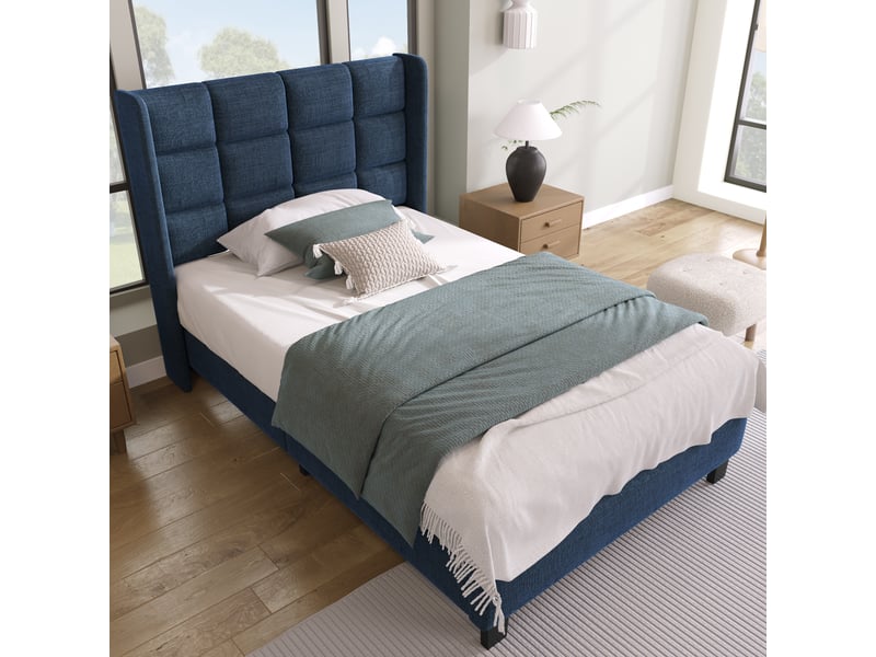  Lit simple 90x200cm, lit adulte, tête de lit et dossier rembourrés en lin bleu, sommier lattes bois (livré sans matelas)  - Conforama E