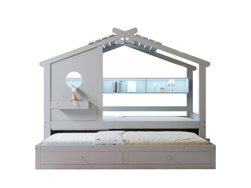  Lit enfant lit simple avec led 90x200 cm avec lit gigogne 90x190 cm lit cabane design en forme de maison avec deux tiroirs et étagères gris  - Conforama A