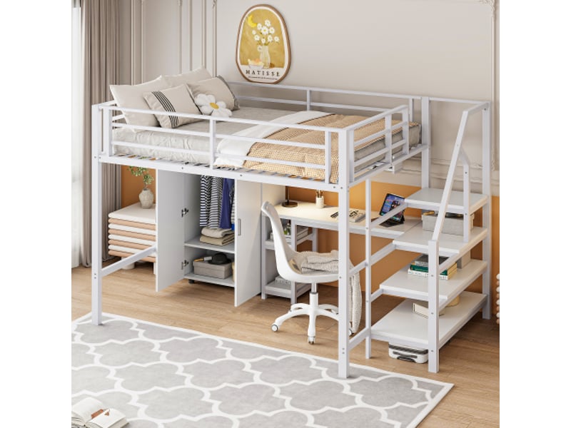  Lit mezzanine 140x200 cm coloris blanc métal lit enfant blanc - Conforama E