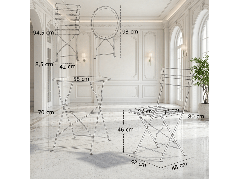  Ensemble table et chaise de jardin avec 1 table et 2 chaises pliantes pour balcon et terrasse, métal noir  - Conforama D