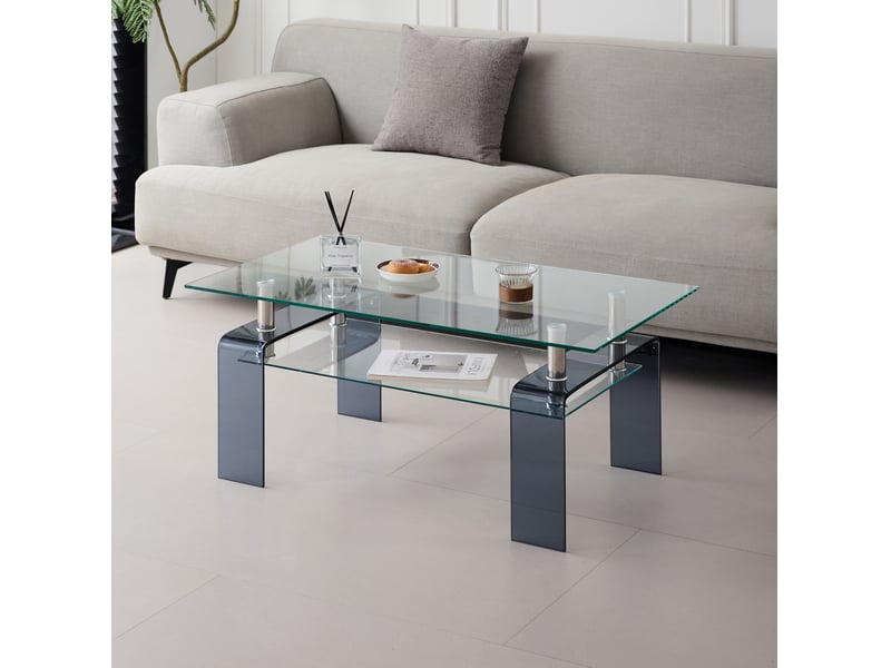 Table basse avec plateau et tablette en verre trempé, pieds gris, pour salon, en verre transparent, 100 × 55 × 45 cm - Conforama B