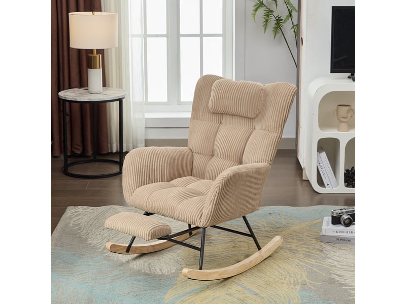  Fauteuil à bascule en velours côtelé, fauteuil relax avec repose-pieds intégré, dossier haut avec coussin de tête, chaise de lecture confortable, marron  - Conforama D