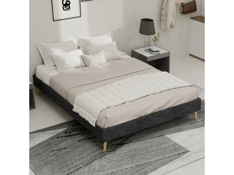  Cadre à lattes adulte 140x200 cm avec sommier, velours, gris, sans matelas ni tête de lit  - Conforama R