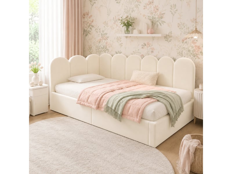  Lit banquette 190×90 cm avec rangement hydraulique et côtés interchangeables, sans matelas, en velours beige  - Conforama B