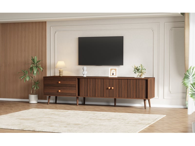  Meuble tv pour écran jusqu’à 80 pouces, 2 tiroirs, 2 portes à rideau, 180 cm, effet noyer  - Conforama C