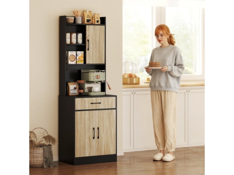 Meuble cuisine noir et bois naturel, plan de travail, tiroir et 3 étagères, rangement élégant moderne - Conforama B