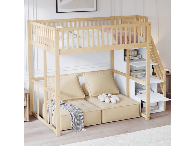  Lit mezzanine 140x200 cm avec escalier de rangement, barrières de sécurité, bois  - Conforama E
