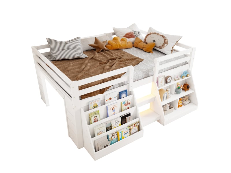  Lit surélevé 140 x 200 cm avec led via application et rangements ouverts, lit double en pin blanc avec garde-corps et échelle intégrée  - Conforama A