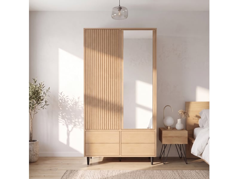 Armoire 2 portes avec miroir, 4 tiroirs et penderie en mdf bois clair, 90 x 45 x 200 cm pour votre chambre - Conforama E