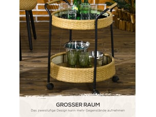 Desserte ronde 50 x 66 cm naturel en polyrattan, 2 plateaux avec roulettes et freins pour intérieur extérieur