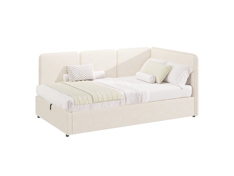  Lit banquette coffre 90x200 cm beige en bouclé avec hydraulique, rangement sous le lit et design réversible gauchedroite Morn Vibe - Conforama A