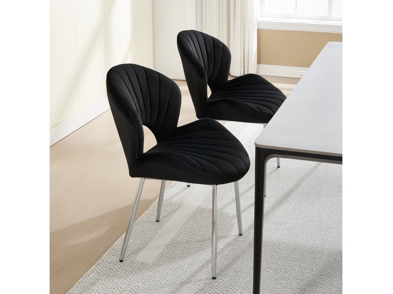  Lot de 2 chaises de salle à manger en velours noir, pieds métalliques argentés, sans accoudoirs  - Conforama E