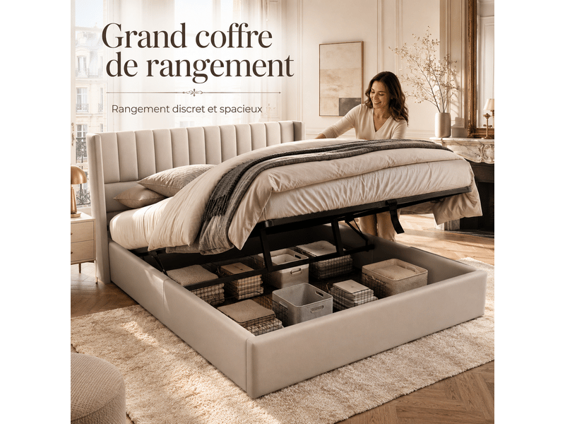 Lit 160x200 cm - lit coffre double adulte avec rangement hydraulique - lit rembourré tapissé 2 personnes - sommier à lattes en bois et tête de lit capitonné - cadre de lit moderne - structure de lit ado -lit queen - 2 place - li… - Conforama W