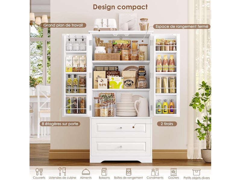 Buffet haut cuisine 120 cm vaisselier avec étagère de porte blanc - Conforama D