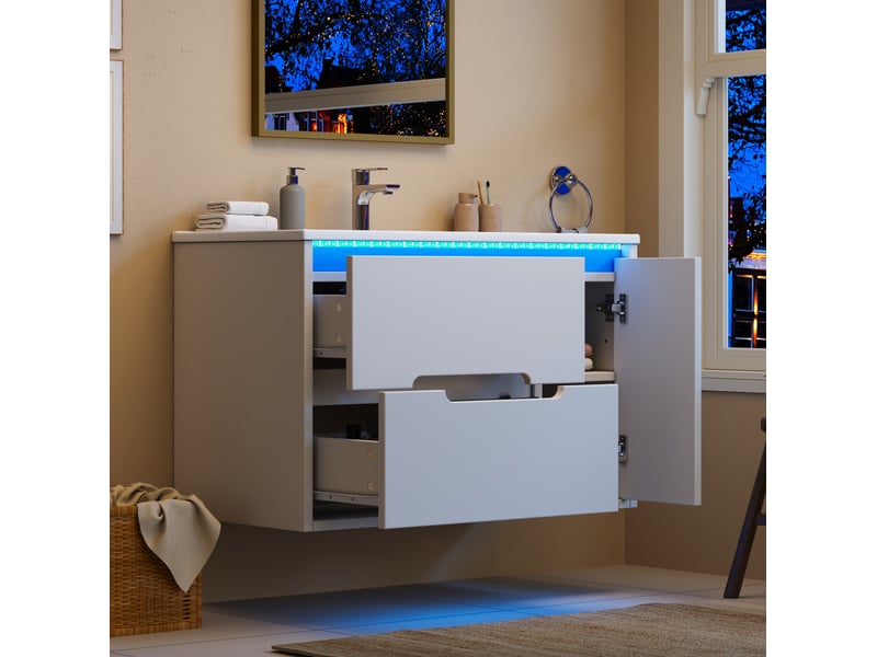  Meuble sous vasque mural avec 2 tiroirs, 1 porte, led et vasque en céramique pour salle de bain blanc 81 × 47 × 51 cm  - Conforama B