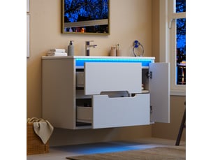 Meuble sous vasque mural avec 2 tiroirs, 1 porte, led et vasque en céramique pour salle de bain blanc 81 × 47 × 51 cm