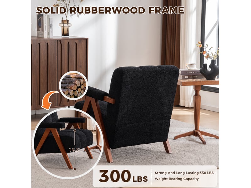  Fauteuil de salon 77x68,4x77 cm, accoudoirs courbés, structure en bois, tissu chenille, couleur noir, design moderne  - Conforama E