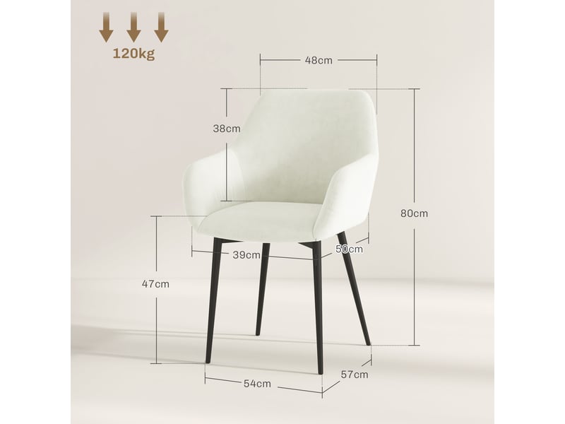  Lot de 2 chaises de salle à manger nordiques rembourrées avec accoudoirs courbés en tissu effet velours crème dimensions 54x57x80 cm  - Conforama C