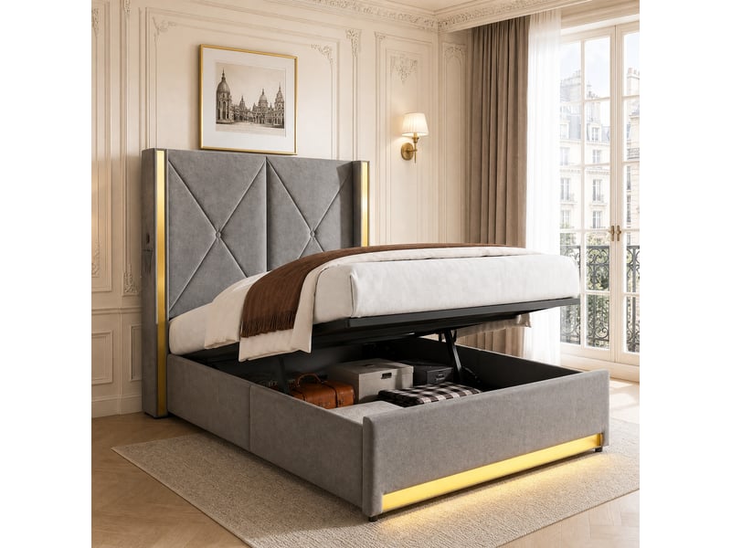  Lit coffre 90x200 cm avec éclairage led et ports usb type c en velours gris foncé  - Conforama B