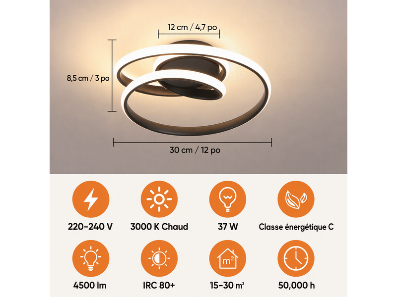  Plafonnier led anneau spiralé, d30 x h8,5 cm, lampe de plafond 37 w 2639 lm, noir sable, 3000 k blanc chaud, salon, chambre, cuisine  - Conforama C