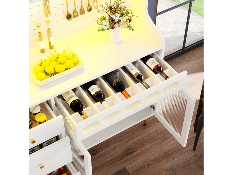  Vaisselier haut 145x39x171 cm – blanc – éclairage led connecté, rangements ajustables, tiroirs et range-bouteilles  - Conforama E