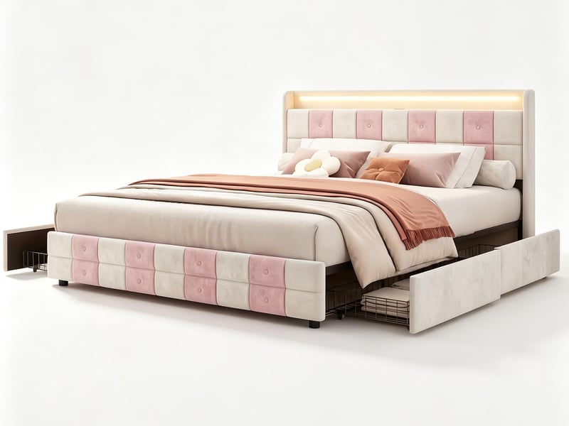  Lit 2 places 140 x 190 cm - avec tiroirs de rangement - éclairage led intégré - port usb - velours  - Conforama A