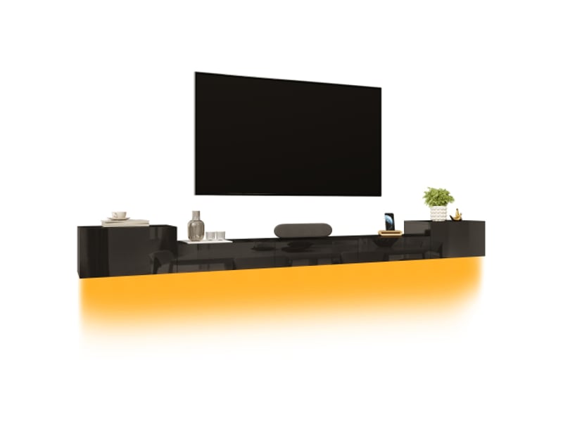 Console tv murale avec portes brillantes et led rgb contrôlables par app – meuble tv fermé, salon moderne  - Conforama A