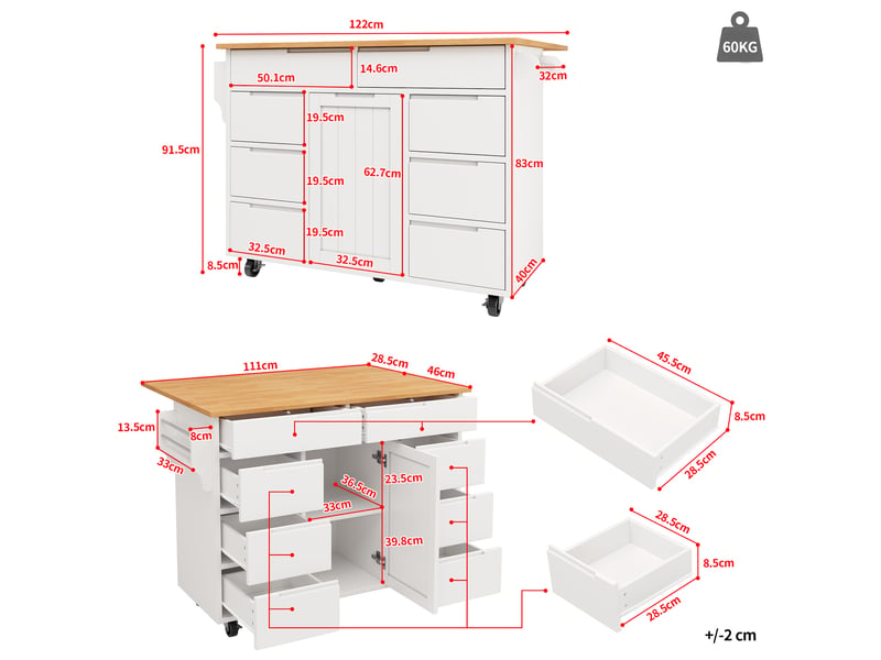 Îlot de cuisine mobile 122 x 46-74.5 x 91.5 cm avec plateau rabattable, 8 tiroirs, étagère réglable et roulettes, blanc - Conforama C