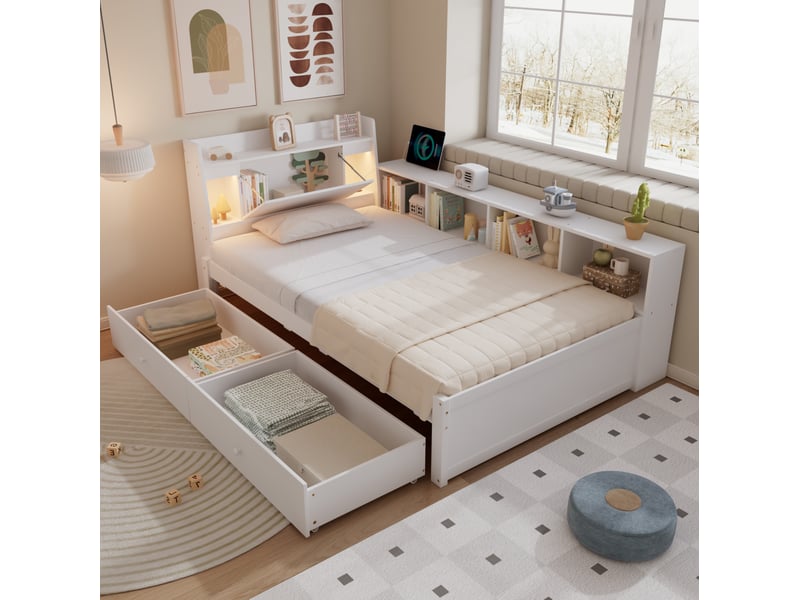Lit simple avec rangements, éclairage et prise de charge blanc 90x200 cm - Conforama C