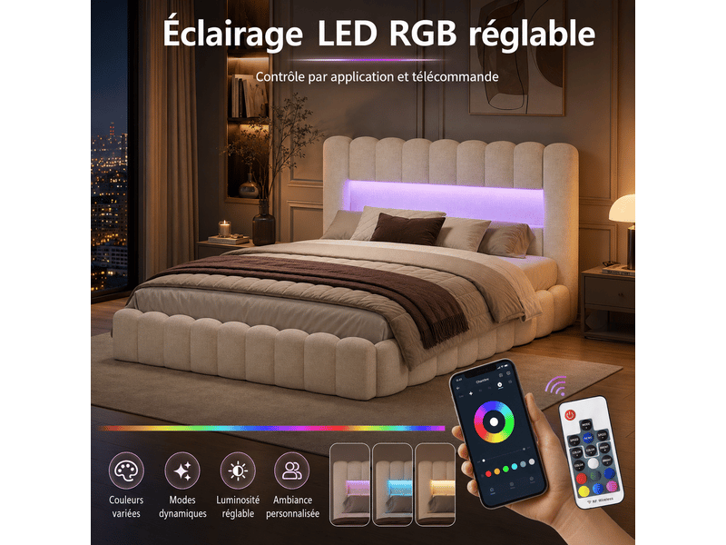  Lit coffre 160x200cm avec rangement et sommier à lattes -  lit bubble 2 personnes - cadre de lit - lit rembourré lit double hydraulique avec éclairage led port usb rangement et sommier à latte - tissu en lin - chambre adulteado …  - Conforama B