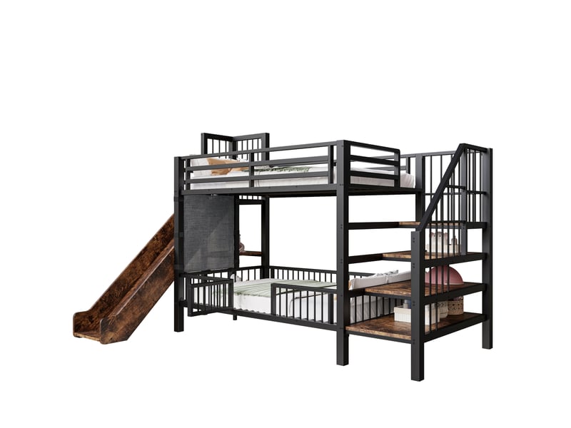 Lit mezzanine enfant 90x200 cm – noir – toboggan, escalier de rangement et étagères – sans matelas - Conforama E