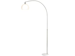 Lampadaire, tête incurvée, interrupteur au pied, base en marbre, abat-jour en plastique, blanc