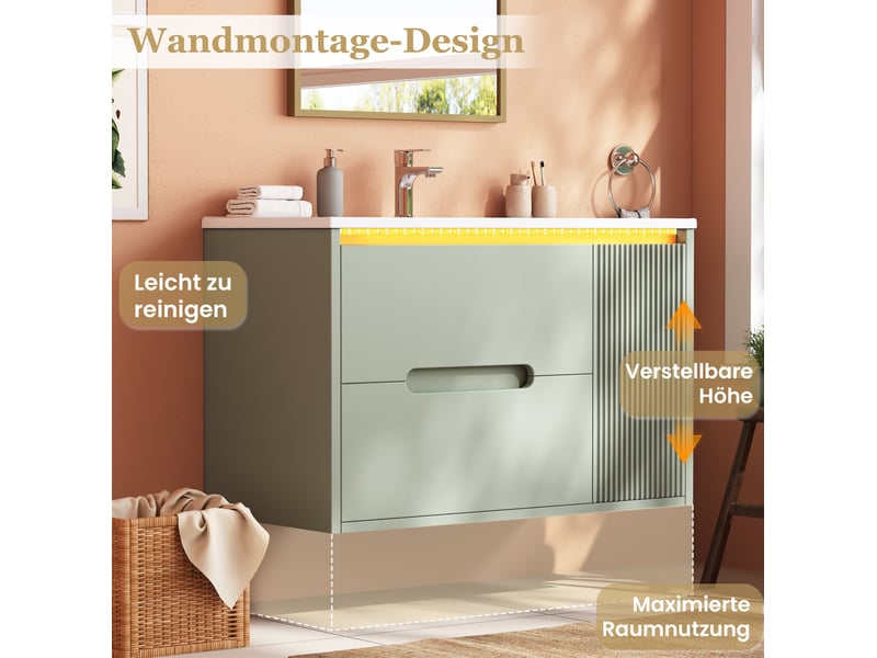 Meuble sous vasque suspendu avec 2 tiroirs, porte, étagères réglables, led pour salle de bain vert 81 × 47 × 51 cm - Conforama E
