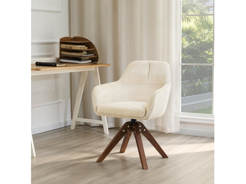  Chaise de salle à manger pivotante à 360 degrés avec accoudoirs et dossier ergonomique, en tissu crème et bois noyer  - Conforama C