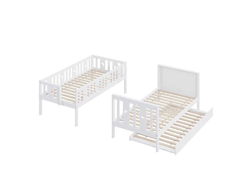  Lit superposé enfant 90 x 200 cm bois massif lit extensible escalier de sécurité escalier de rangement finition blanche  - Conforama D