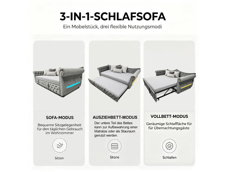  Canapé-lit 3 en 1 capitonné 90x200cm,lit gigogne extensible en 180cm,usb et éclairage led,finition cloutée,velours,sans matelas,gris  - Conforama E