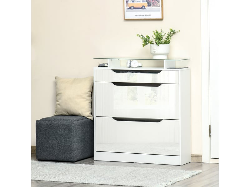 Armoire à chaussures avec 2 tiroirs rabattables + 1 tiroir coulissant + 1 comptoir et 1 plateau en verre blanc - Conforama C