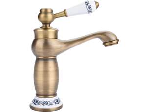 Robinet pour lavabo de salle de bain, robinet vintage en laiton porcelaine bleu et blanc (court)