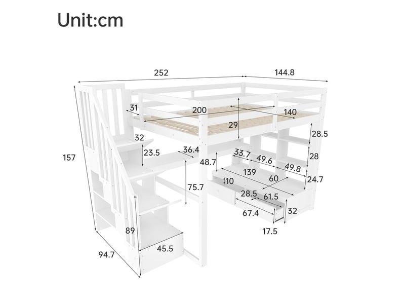  Lit mezzanine 140x200cm avec bureau et étagères, deux tiroirs intégrés et escalier de rangement, blanc  - Conforama C