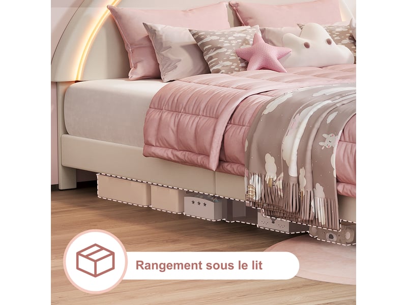  Lit enfant 140x200 cm avec led, lit 2 places avec tête de lit lapin et oreilles, tissu velours, blanc, sans matelas  - Conforama E
