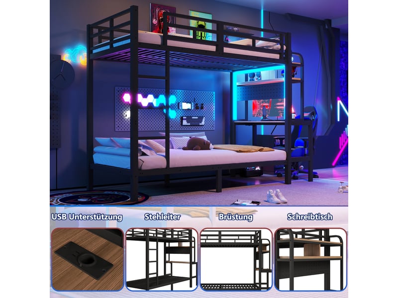  Lit superposé enfant 90x200 cm avec bureau intégré, étagères, led multicolore via app, usb, garde-corps et échelle, métal noir Radiant Stride - Conforama E