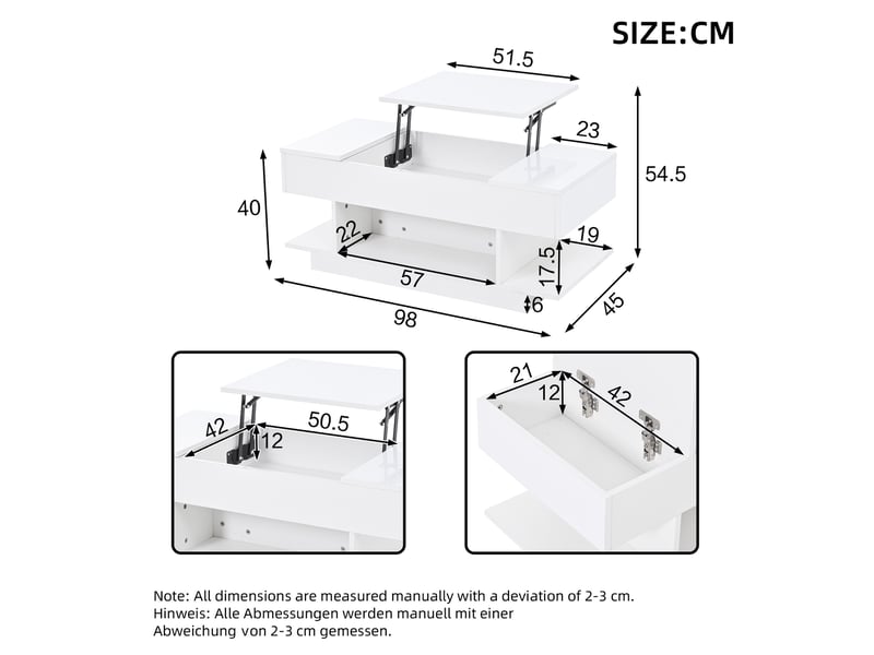 Table basse relevable 98x45x40 cm avec led et rangements blanc  - Conforama C