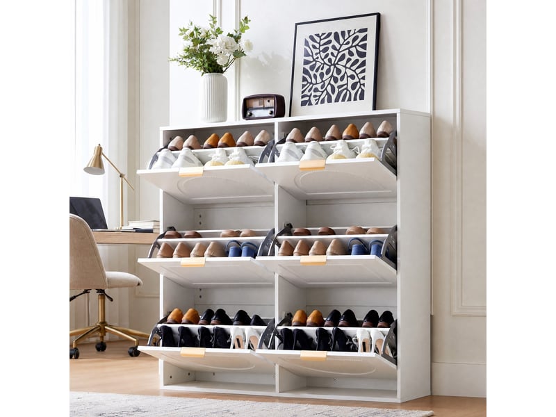  Meuble à chaussures avec 6 abattants et étagères réglables, rangement étroit pour entrée en mdf, 118×25×115 cm blanc  - Conforama B