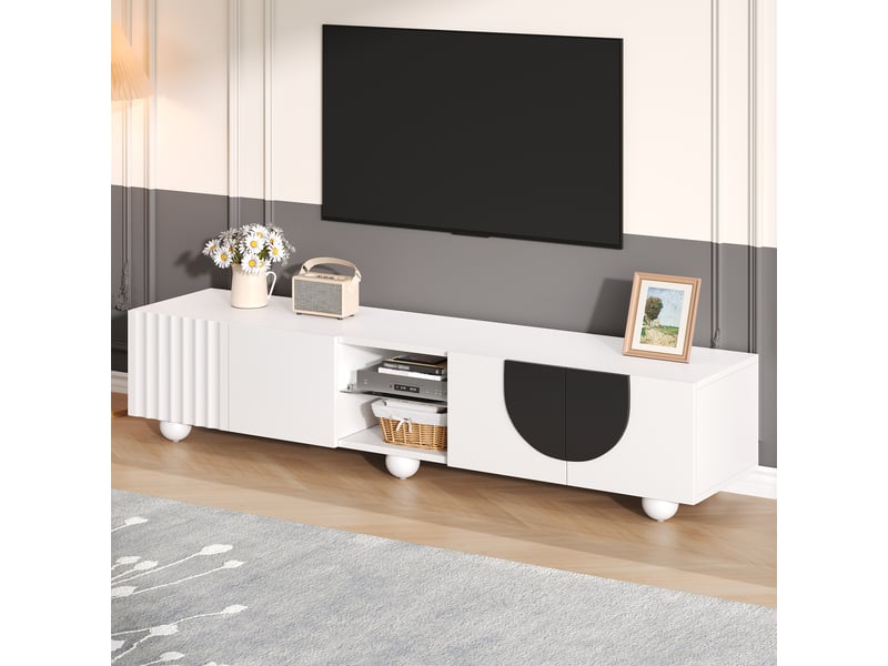  Meuble tv moderne - 180x40x41,5 cm - blanc - mdf et panneau de particules - design minimaliste - ouverture sans poignée  - Conforama R