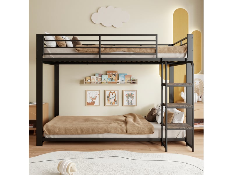  Lit superposé 90 x 200 cm en métal avec marches-étagères en mdf, noir  - Conforama E